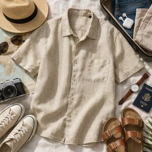 Tasso Elba 100% Linen Button Front Shirt Men’s XXL Beige Coastal Resort Cruise